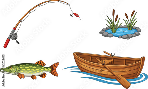 Fishing rod with lure, wooden rowboat on water, freshwater fish and pond reeds, outdoor fishing equipment illustration set
