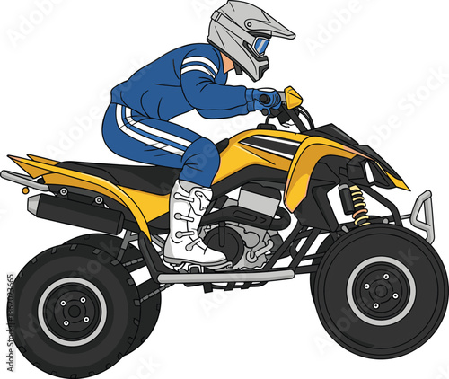 Off road ATV rider in helmet and racing suit, extreme quad bike driving sport vehicle illustration for adventure design