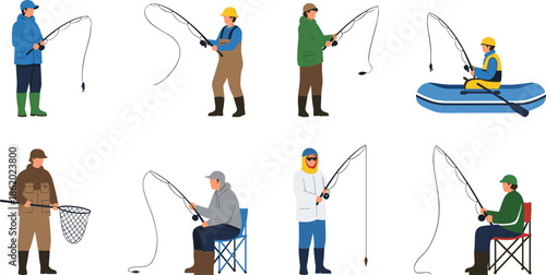 Set of fishermen characters with fishing rods, outdoor hobby anglers collection, people catching fish recreation vector illustration isolated