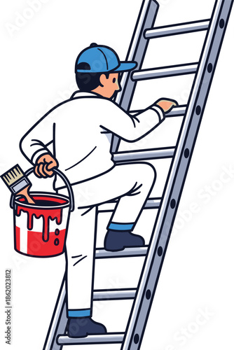 Professional house painter climbing ladder with red paint bucket and brush, working safely during home renovation maintenance project illustration
