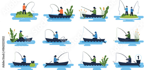 Set of people fishing in boats and on shore, angler hobby outdoor lake activity collection flat illustration vector