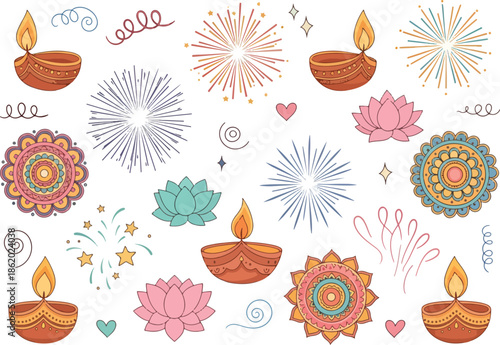 Seamless pattern of Diwali elements diyas fireworks lotus flowers and mandalas