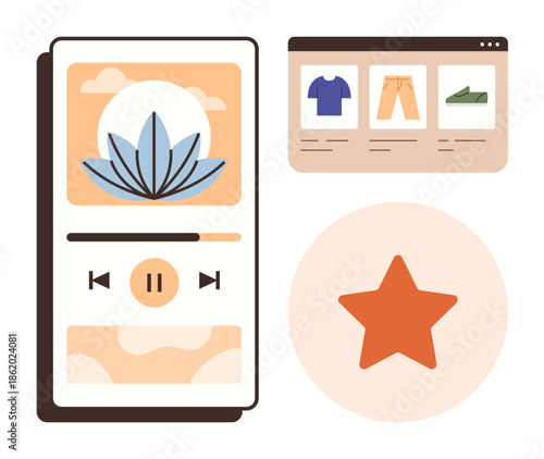 Mobile media player with play controls and a flower icon, online shopping products, and a star rating for feedback. Ideal for entertainment, e-commerce, digital marketing, creativity, user