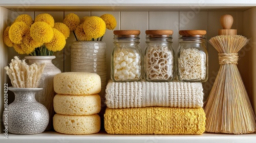 Shelf with flowers, jars, stacked items, and a cleaning brush
