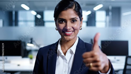 Confident Indian businesswoman giving a thumbs up in a modern office, showing approval and success