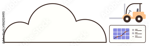 Large cloud, forklift moving goods, and analytic dashboard with graphs and lists. Ideal for logistics, cloud storage, transportation, inventory, supply chain data analysis innovation. Simple flat