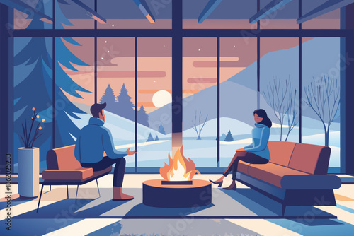 A modern indoor living space features a warm fire, two people seated on sofas, and panoramic winter scenery outside. Perfect for home, comfort, and moments of conversation and relaxation.