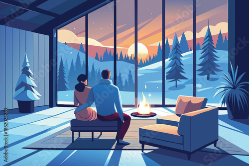 Romantic couple sitting on a bench by glowing fireplace in cozy modern living room, gazing at snowy forest through large glass windows, blending warmth with dramatic winter landscape interior.