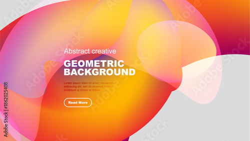 Vibrant abstract design. Overlapping shapes create dynamic colorful background. Text block present, button visible. Modern aesthetic.