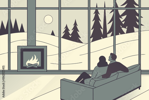 A warm, modern living room scene featuring a glowing fireplace and a comfortable sofa where a couple relaxes while viewing a serene snowy landscape through expansive windows.