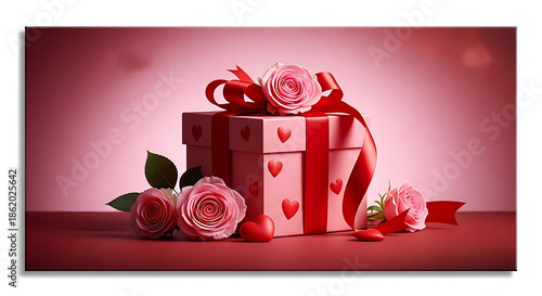 A beautifully wrapped gift box adorned with hearts and roses on a pink background