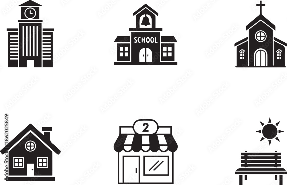 Fototapeta premium Set of building icons including school church and hospital