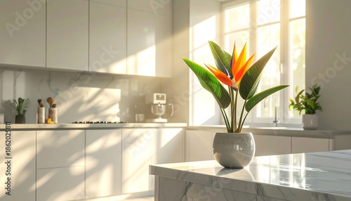 Bright Modern Kitchen with Tropical Flowers.