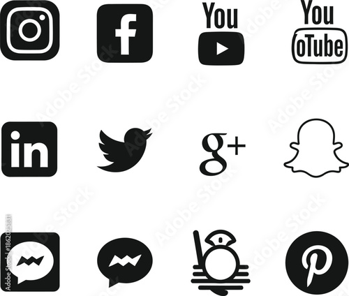 Collection of popular social media icons in black and white