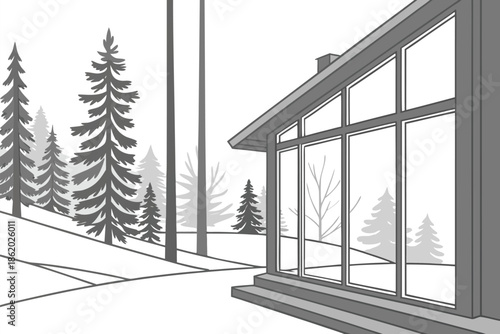 Modern Glass House With Large Windows in a Calm Forest Landscape During Winter