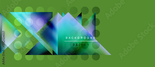 Abstract geometric shapes, vibrant colors, modern design. Green backdrop complements blue, purple gradients. Minimalist aesthetic.
