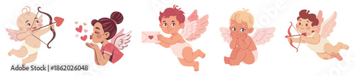 Adorable cartoon cupid angel illustration set with hearts and love letters in soft pink tones, perfect for romantic and festive designs.