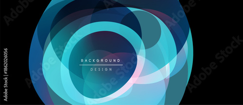Abstract layered circles create vibrant background. Blue, turquoise hues dominate design, offering modern feel. Text reads background design.
