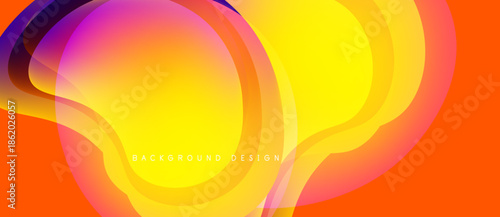 Abstract vibrant layers create dynamic flow. Warm colors dominate, blending smoothly. Modern design evokes energy, optimism.