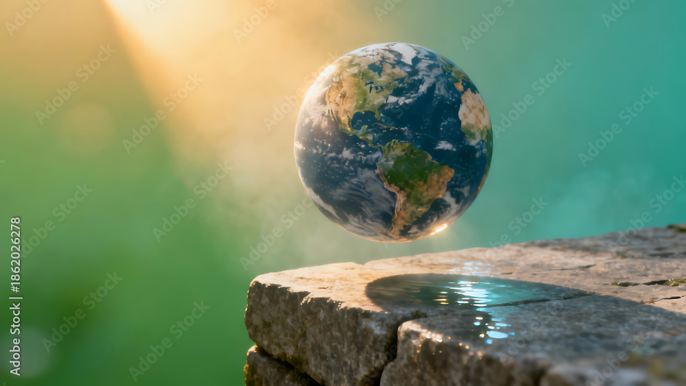 Fototapeta premium Earth Day banner with planet Earth floating precariously over a rocky edge