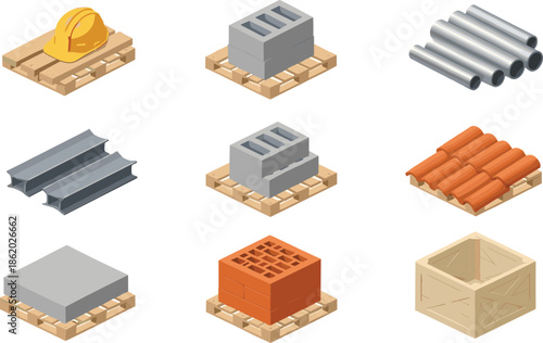 Isometric construction materials set featuring yellow hard hat concrete blocks steel pipes roof tiles and bricks on wooden pallets isolated on white.