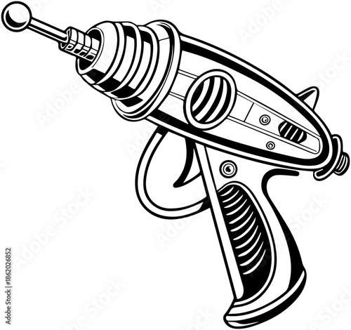 Retro Ray Gun Sci Fi Vector Illustration – Futuristic Space Weapon Black Line Art