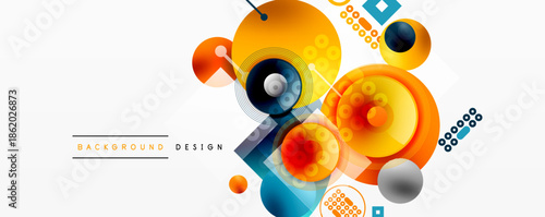 Abstract geometric shapes, vibrant colors, dynamic composition. Modern design elements create visually interesting background.