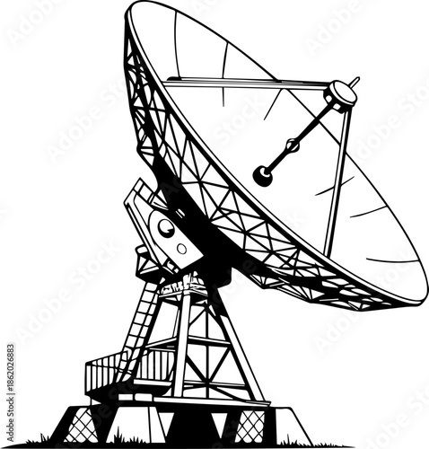 Radio Telescope Satellite Dish Vector Illustration – Astronomy Observatory Black and White Line Art