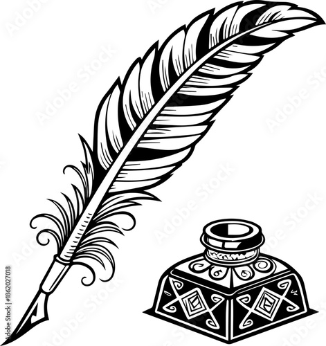 Vintage Feather Quill Pen and Decorative Inkwell Calligraphy Vector