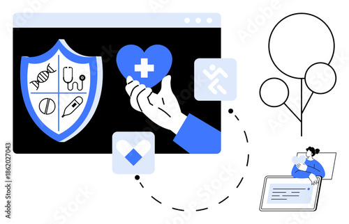 Healthcare technology. Digital healthcare shield, heart, and medical icons. Healthcare tools and tech advancing medical services. For telemedicine, digital tools, innovation, medical education