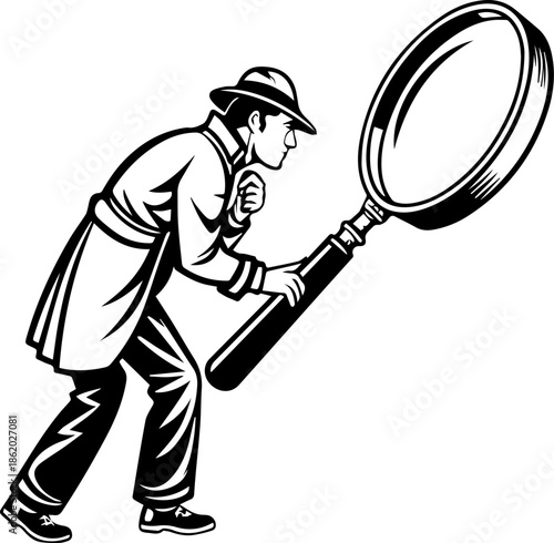 Vintage Detective with Large Magnifying Glass Investigation Vector