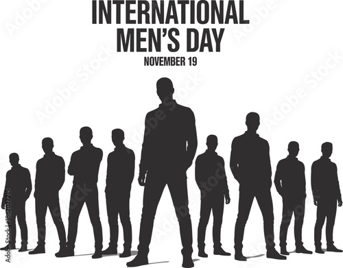 International Mens Day silhouette illustration celebrating male unity leadership diversity strength confidence teamwork social awareness modern minimalist poster design concept