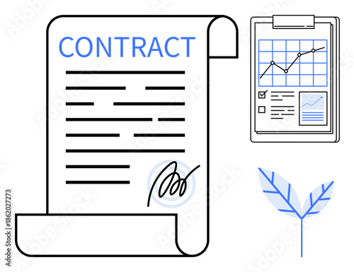 Contract agreements, financial documents, business analysis, signature concepts, eco-friendly business practices, entrepreneurship. A contract document, graph chart and leaf graphic. Contract