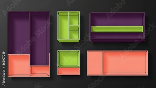 Top view of empty drawer organizers in various sizes and colors, perfect for storage solutions.