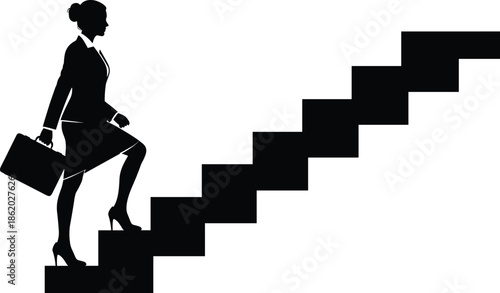 Businesswoman silhouette climbing stairs symbolizing career growth, success, leadership ambition, professional progress, corporate motivation concept illustration for business development design