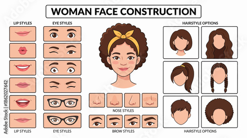 Vector Woman Face Construction Kit – Mix-and-Match Facial Features and Hairstyles for Character Design, Avatar Creation, and Educational Art Themes