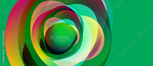 Abstract colorful circles overlap, creating dynamic visual effect. Bright green background enhances vibrant design elements. Modern, stylish composition.