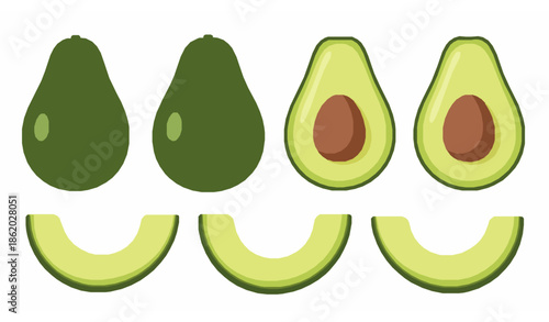 Stylized avocado whole half and sliced vector set for healthy food branding