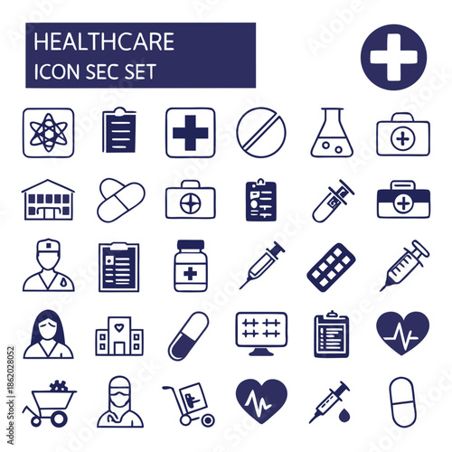 healthcare icon set collection in dual tone style. an icon pack contain health, care, doctor, nurse, hospital, clinic, medicine, pill, report, vaccine 