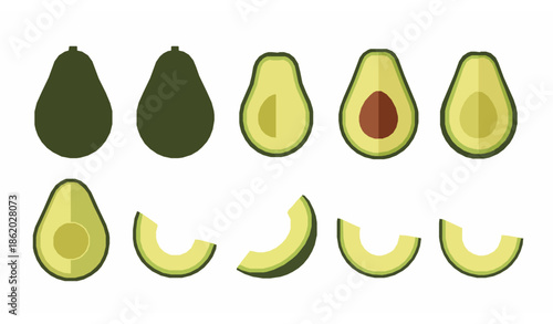 Flat avocado whole half and slice vector set for nutrition infographic design