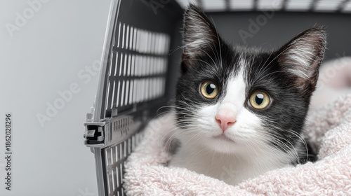 Domestic black and white cat sitting in a pet carrier with a soft white blanket, bright neutral background, animal shelter and vet care advertising
