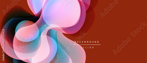 Abstract fluid shapes overlap, creating dynamic composition. Red background enhances vibrant color palette. Modern design element.