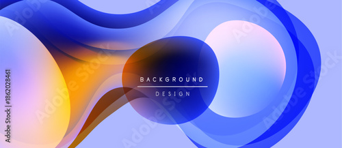 Abstract fluid shapes overlap, creating vibrant color gradients. Blue, orange, purple hues blend seamlessly. Modern design element.