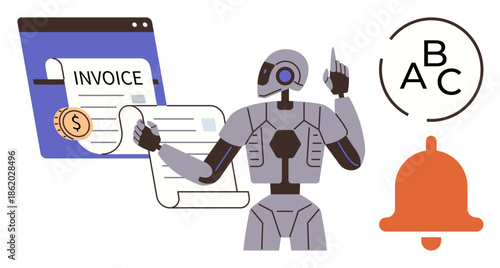 Robot handling invoices, money, notifications, and classification system. Ideal for automation, finance, efficiency, accounting payment systems AI tech transformation. Simple flat metaphor