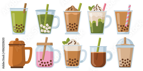 Bubble Tea Drinks, Colorful Milk Tea Beverages Featuring Different Flavors, Tapioca Pearls, Jelly Toppings and Modern Cafe Menu Illustration.