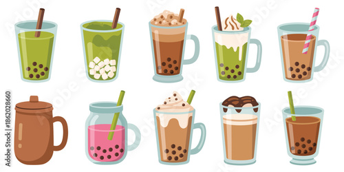 Bubble Tea Drinks, Colorful Milk Tea Beverages Featuring Different Flavors, Tapioca Pearls, Jelly Toppings and Modern Cafe Menu Illustration.