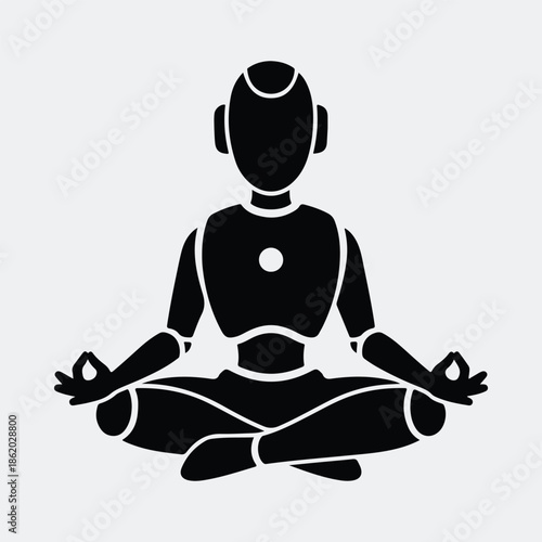 Silhouette calm futuristic robot meditating in lotus pose digital flat vector illustration
