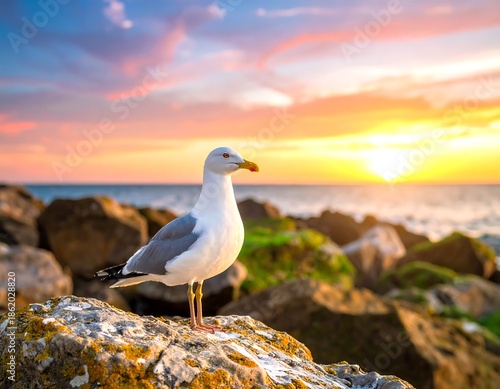 Seagull Standing on Rocky Coast at Sunset.