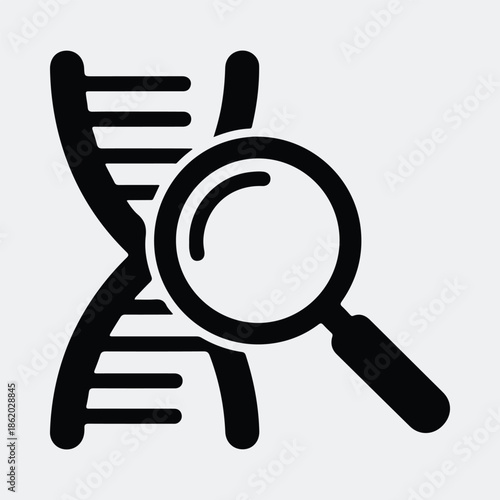 Silhouette DNA strand and magnifying glass exploring genetic information vector illustration