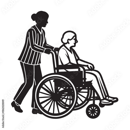 Caregiver Pushing Elderly Wheelchair With Care